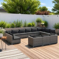 Garden Lounge Set 13 Piece Grey Outdoor Furniture Poly Rattan Sofa with Cushions