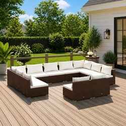 Garden Lounge Set 11 Piece Brown Poly Rattan Outdoor Furniture with Cushions