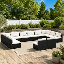12 Piece Outdoor Garden Lounge Set with Cushions Black Poly Rattan Modular Patio