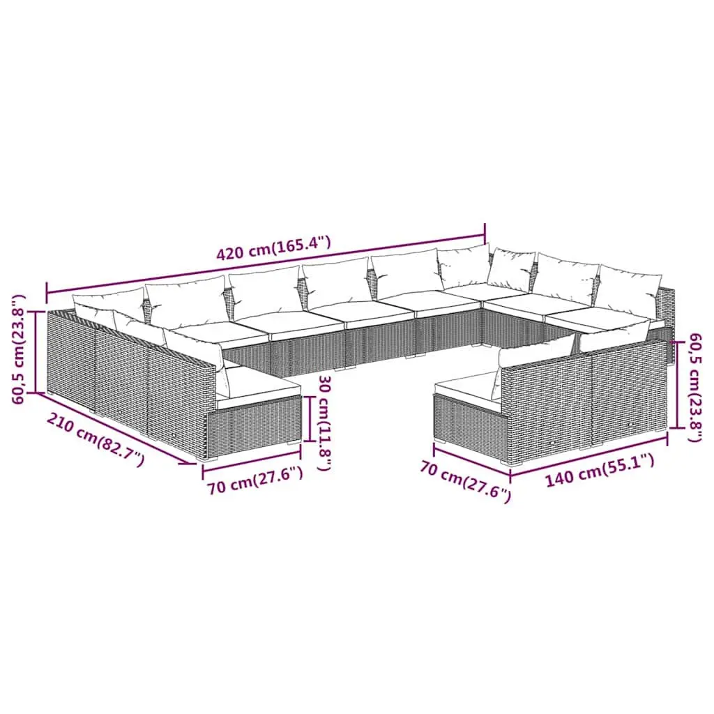 12 Piece Modular Outdoor Garden Lounge Set with Cushions Black PE Rattan