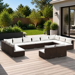 Garden Lounge Set 12 Piece Outdoor Furniture Brown Poly Rattan Patio Sofa with