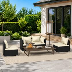Garden Lounge Set 4 Piece Outdoor Patio Furniture Black Poly Rattan Sofa with