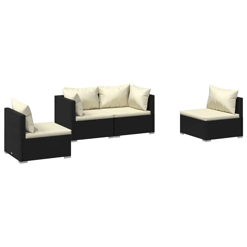 Garden Lounge Set 4 Piece Outdoor Patio Furniture Black Poly Rattan Sofa with