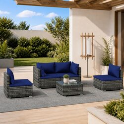 5 Piece Outdoor Garden Lounge Set Grey PE Rattan Patio Furniture with Cushions