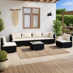 Outdoor Lounge Set 7 Piece Garden Furniture Rattan Sofa with Cushions Black
