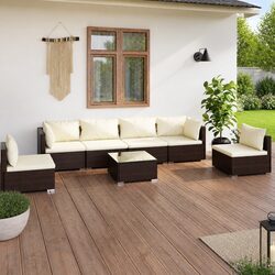 Garden Lounge Set 7 Piece Outdoor Patio Furniture Brown Poly Rattan Modular Sofa