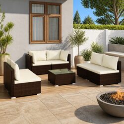 7 Piece Outdoor Garden Lounge Set PE Rattan Patio Furniture Brown with Cushions