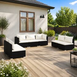 7 Piece Garden Lounge Set with Cushions Water-Resistant Poly Rattan Outdoor