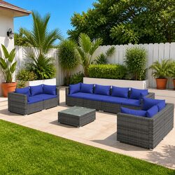 Garden Lounge Set 9 Piece Outdoor Furniture with Cushions Poly Rattan Grey Patio