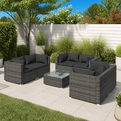 Garden Lounge Set 7 Piece Outdoor Patio Furniture Grey Rattan Sofa with Cushions