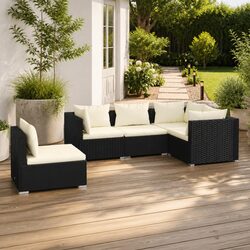 Garden Lounge Set 5 Piece Outdoor Patio Furniture Black Rattan Sofa with