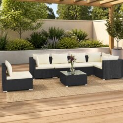Garden Lounge Set 7 Piece Outdoor Patio Furniture Black Poly Rattan Sofa with