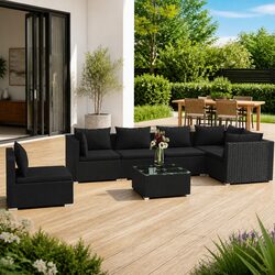 Garden Lounge Set 7 Piece Outdoor Patio Furniture Black Poly Rattan Modular