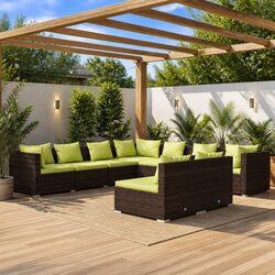 Garden Lounge Set 9 Piece Outdoor Furniture Poly Rattan Brown with Cushions