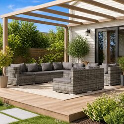 Garden Lounge Set 9 Piece Outdoor Furniture Poly Rattan Patio Sofa Grey Cushions