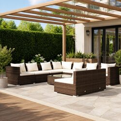 10 Piece Outdoor Garden Lounge Set Poly Rattan Furniture Brown with Cushions
