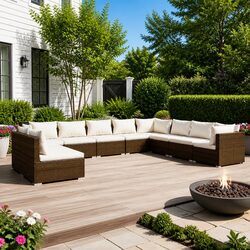Poly Rattan Garden Lounge Set 10 Piece Outdoor Furniture Brown Modular Sofa