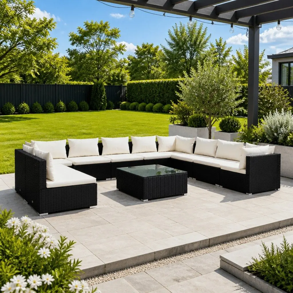 11 Piece Garden Lounge Set with Cushions Black Poly Rattan Outdoor Furniture