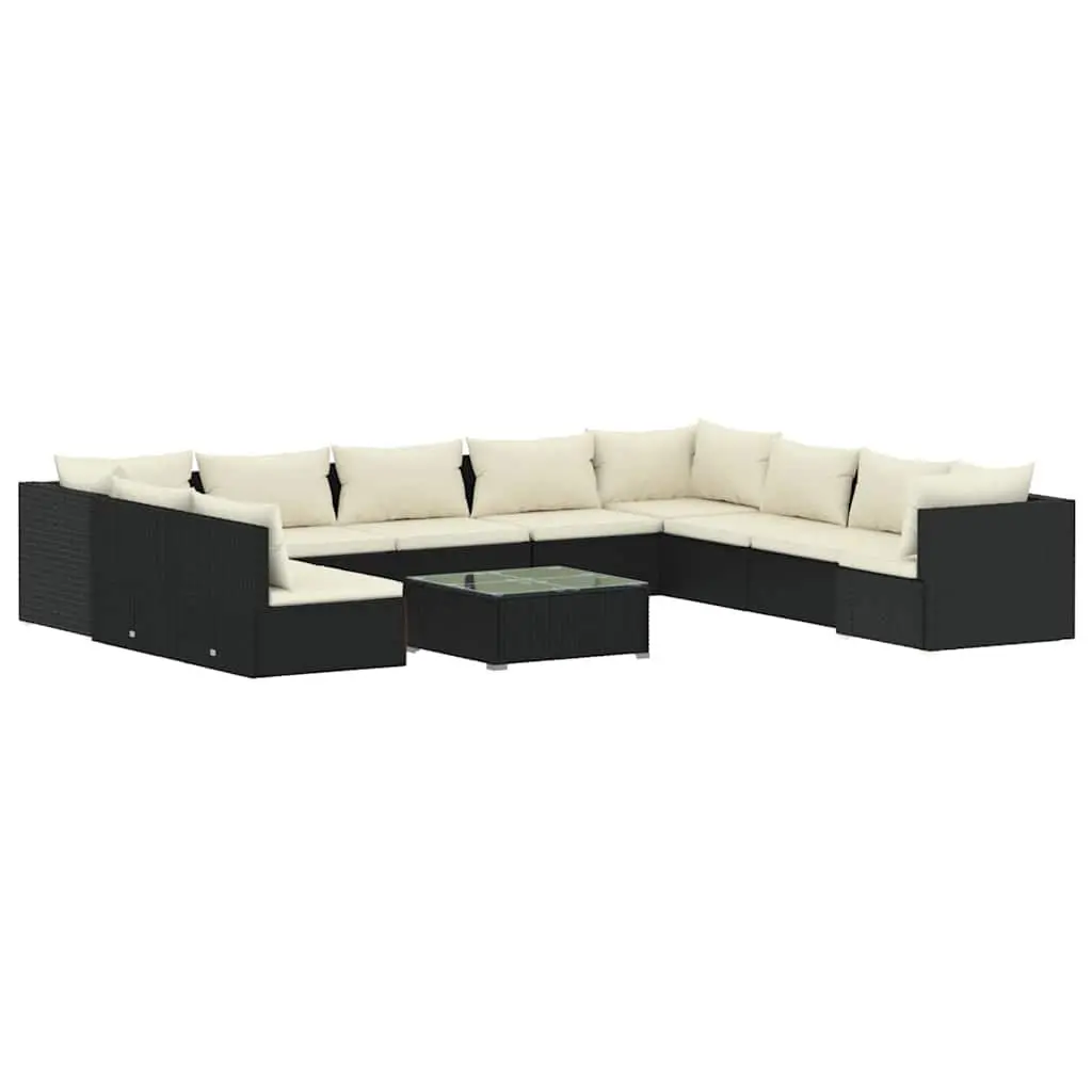 11 Piece Garden Lounge Set with Cushions Black Poly Rattan Outdoor Furniture