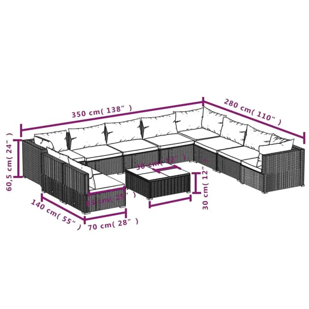 11 Piece Garden Lounge Set with Cushions Black Poly Rattan Outdoor Furniture