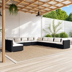Garden Lounge Set 11 Piece Black Poly Rattan Patio Furniture with Cushions