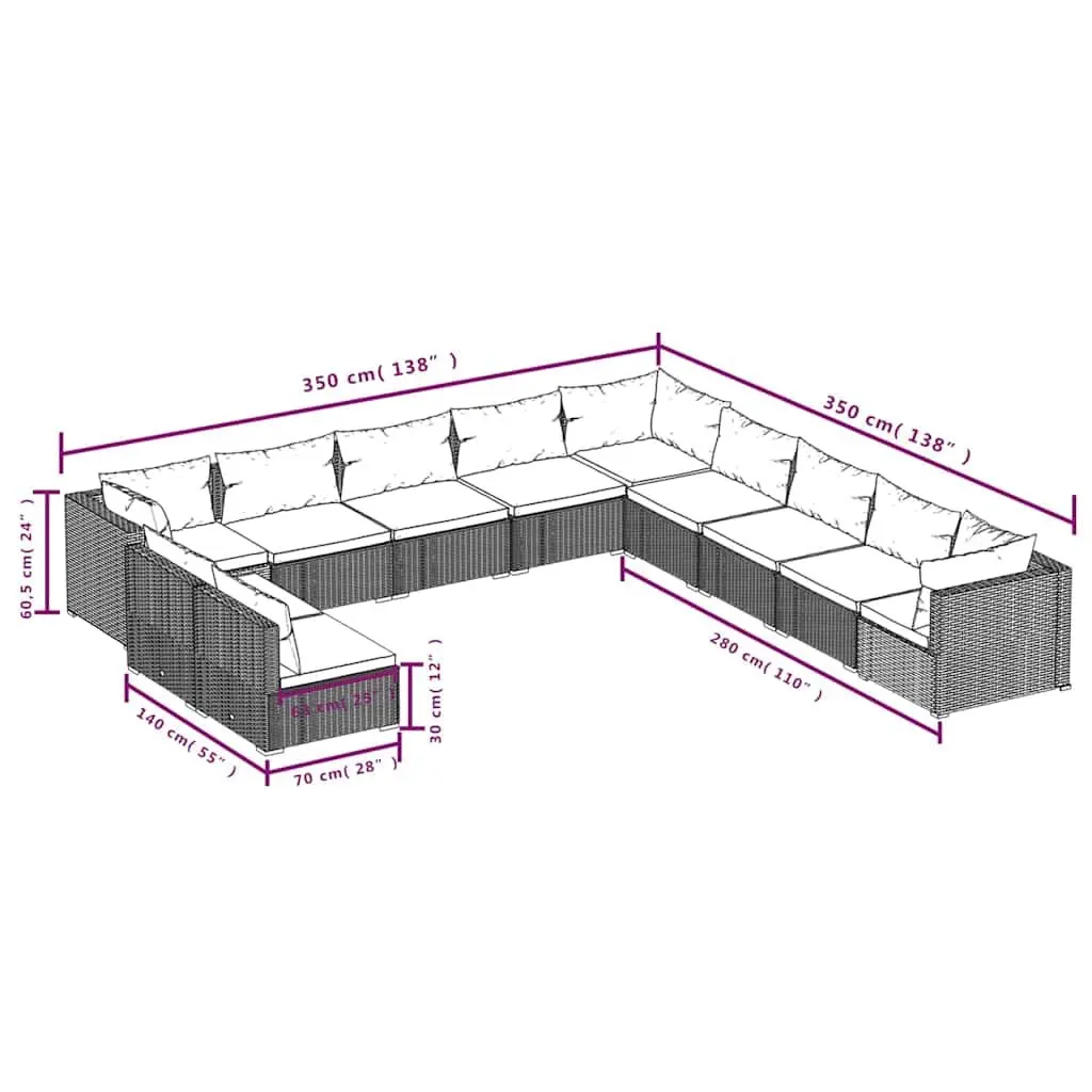 Garden Lounge Set 11 Piece Outdoor Patio Furniture Black Poly Rattan Modular