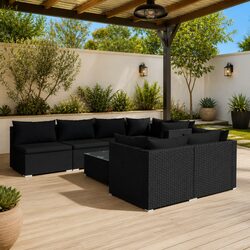 8 Piece Outdoor Garden Lounge Set Black Poly Rattan Modular Sofa with Cushions