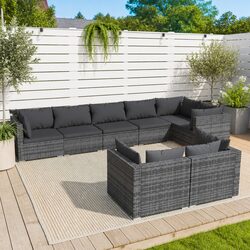 Garden Lounge Set 8 Piece Grey Poly Rattan Outdoor Furniture with Cushions