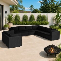 9 Piece Outdoor Garden Lounge Set Black Poly Rattan Modular Sectional Sofa