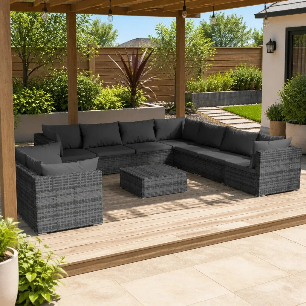 10 Piece Outdoor Garden Lounge Set with Cushions Grey Poly Rattan Patio Sofa