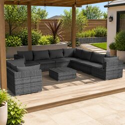 10 Piece Outdoor Garden Lounge Set with Cushions Grey Poly Rattan Patio Sofa