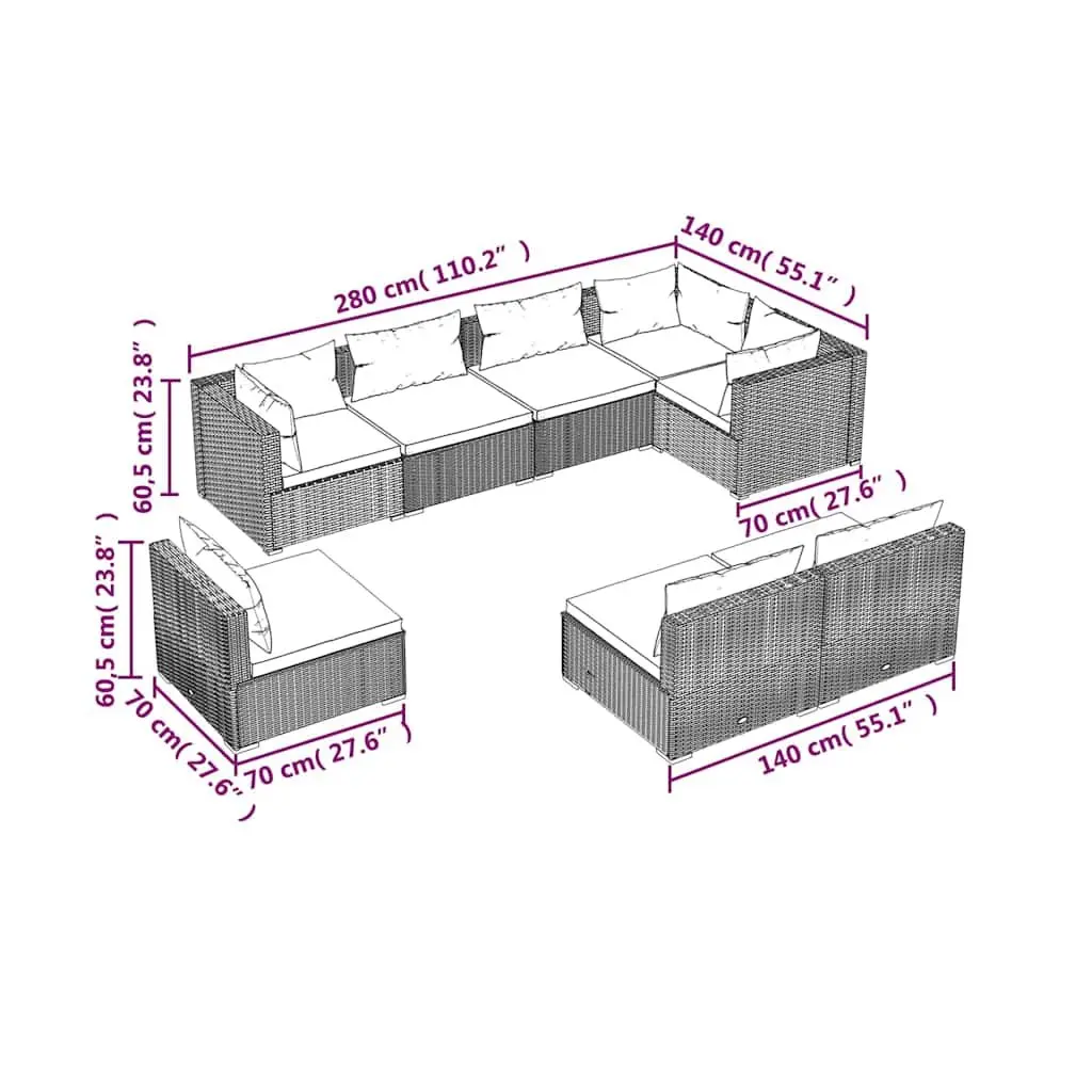 8 Piece Outdoor Garden Lounge Set Modular Furniture Poly Rattan with Cushions Grey