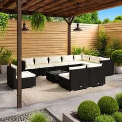 11 Piece Poly Rattan Garden Lounge Set Black Outdoor Furniture Modular Cushions