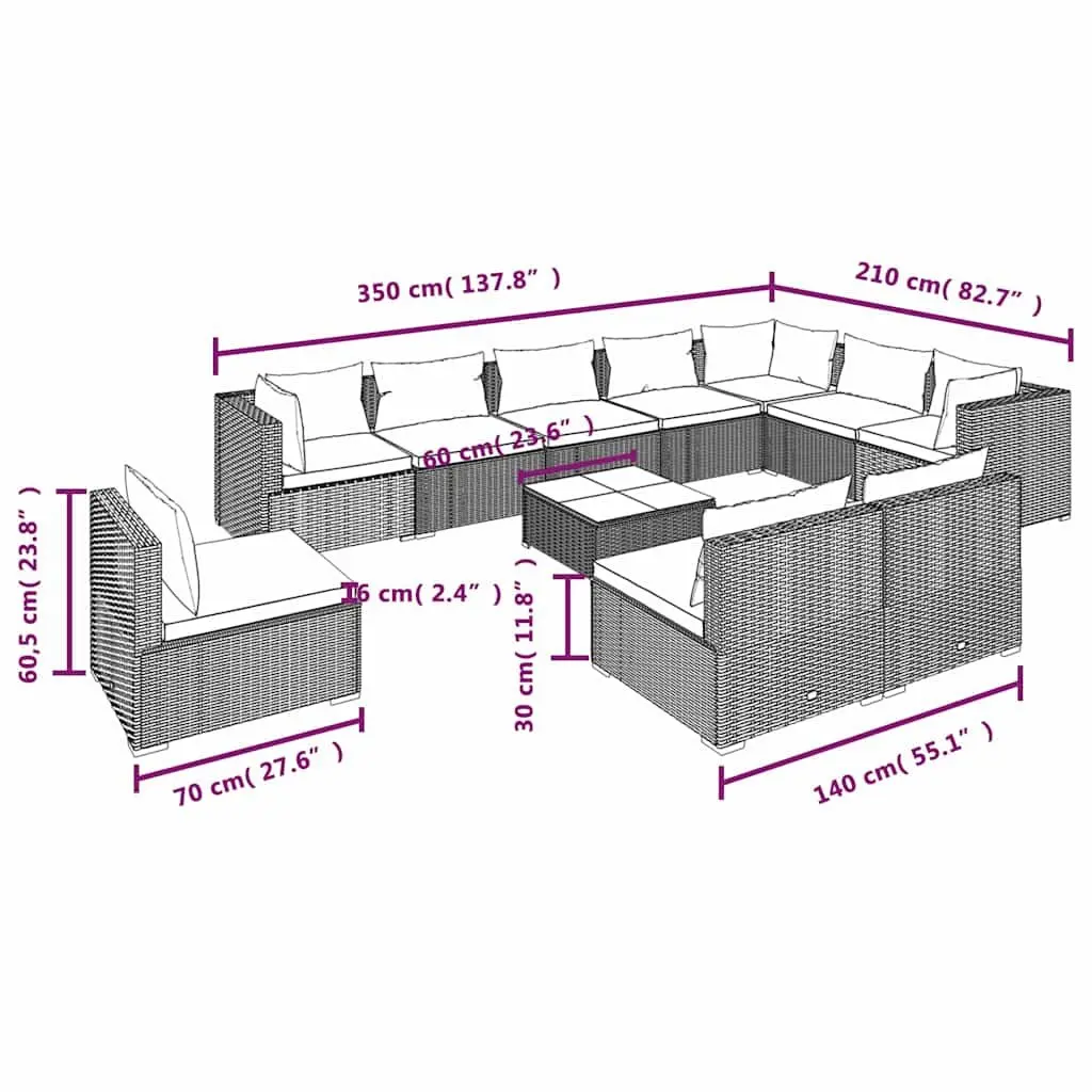 11 Piece Poly Rattan Garden Lounge Set Black Outdoor Furniture Modular Cushions