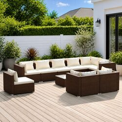 Garden Lounge Set 10 Piece Poly Rattan Outdoor Furniture with Cushions Brown