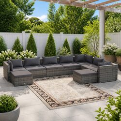 Garden Lounge Set 9 Piece Outdoor Patio Furniture Poly Rattan Grey with Cushions