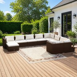 Garden Lounge Set 10 Piece Outdoor Furniture Poly Rattan Brown with Cushions