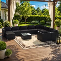 11 Piece Outdoor Lounge Set Garden Furniture Poly Rattan Black with Cushions