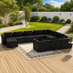 Garden Lounge Set 11 Piece Poly Rattan Outdoor Furniture with Cushions Black
