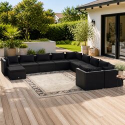 Garden Lounge Set 11 Piece Outdoor Patio Furniture Poly Rattan Black Cushions