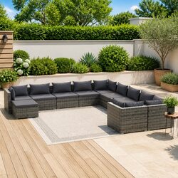 Garden Lounge Set 11 Piece Outdoor Patio Furniture Poly Rattan Grey Cushions