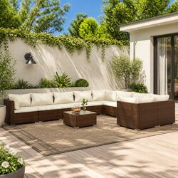 Garden Lounge Set 10 Piece Poly Rattan Outdoor Furniture with Cushions Brown