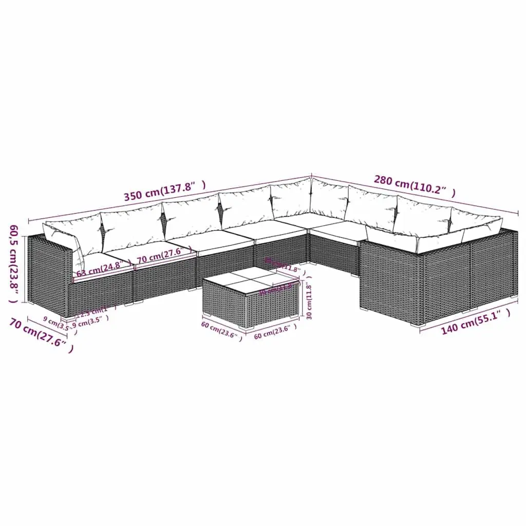 Garden Lounge Set 10 Piece Weather-Resistant PE Rattan Outdoor Furniture with Cushions Brown