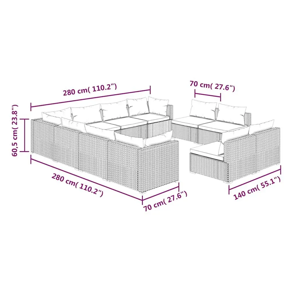 11 Piece Garden Lounge Set Outdoor Patio Furniture Black Poly Rattan with