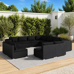 11 Piece Garden Lounge Set Outdoor Furniture Black Poly Rattan Modular Patio