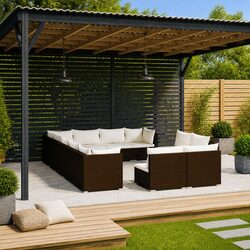Garden Lounge Set 12 Piece Outdoor Furniture Poly Rattan Brown Cushions Patio