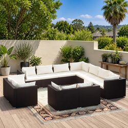 11-Piece Outdoor Garden Lounge Set PE Rattan Patio Furniture with Cushions Black