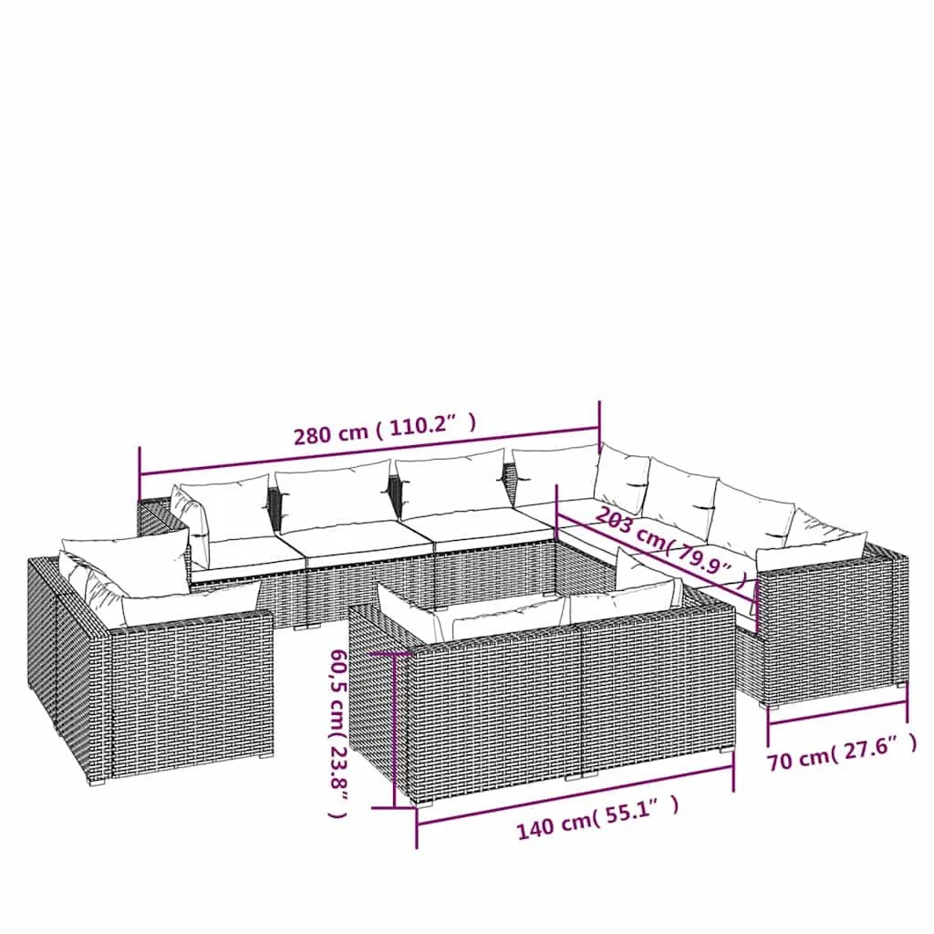 11 Piece Garden Lounge Set Outdoor Patio Furniture Black Poly Rattan Sofa with