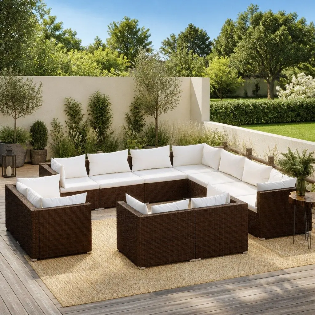11 Piece Garden Lounge Set Poly Rattan Outdoor Furniture Brown Cushions Patio