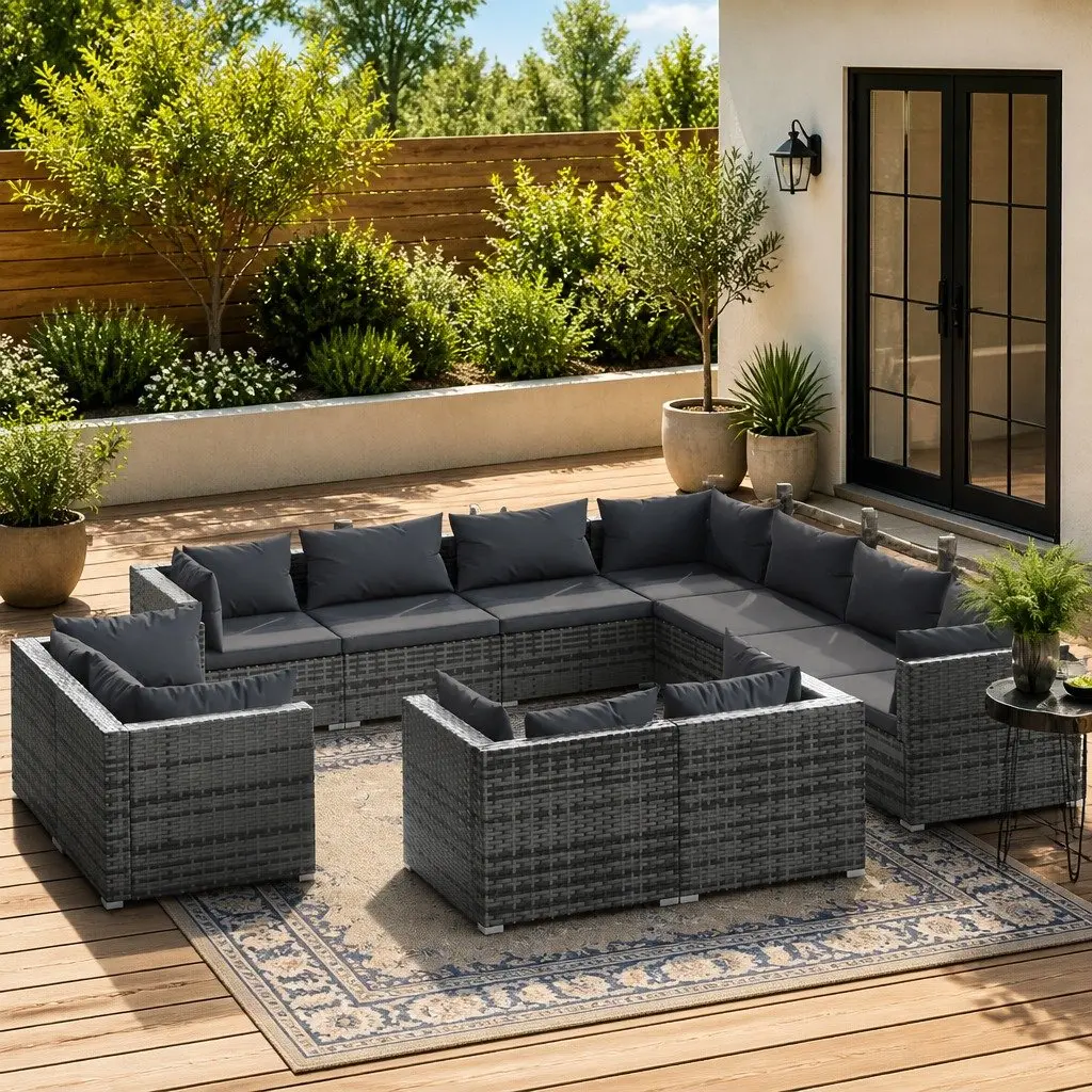 11 Piece Garden Lounge Set Grey Poly Rattan Outdoor Furniture with Cushions